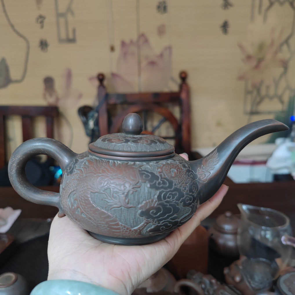 Nixing Pottery Aladdin's Lamp Teapots Handmade Healthy Qinzhou NiXing Clay Kettle 320cc Traditional Hand Carved Dragon and Phoenix