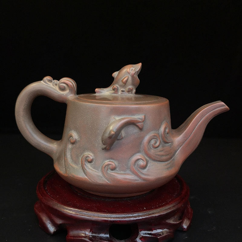 Handmade Heap Carving Dolphin Teapot Nixing Pottery Tea Pot 220cc