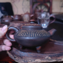 Load image into Gallery viewer, Handmade Nixing Clay Three-Ldgged Tripod  Teapot Carved with Buddhism Xinjing Carving 220cc
