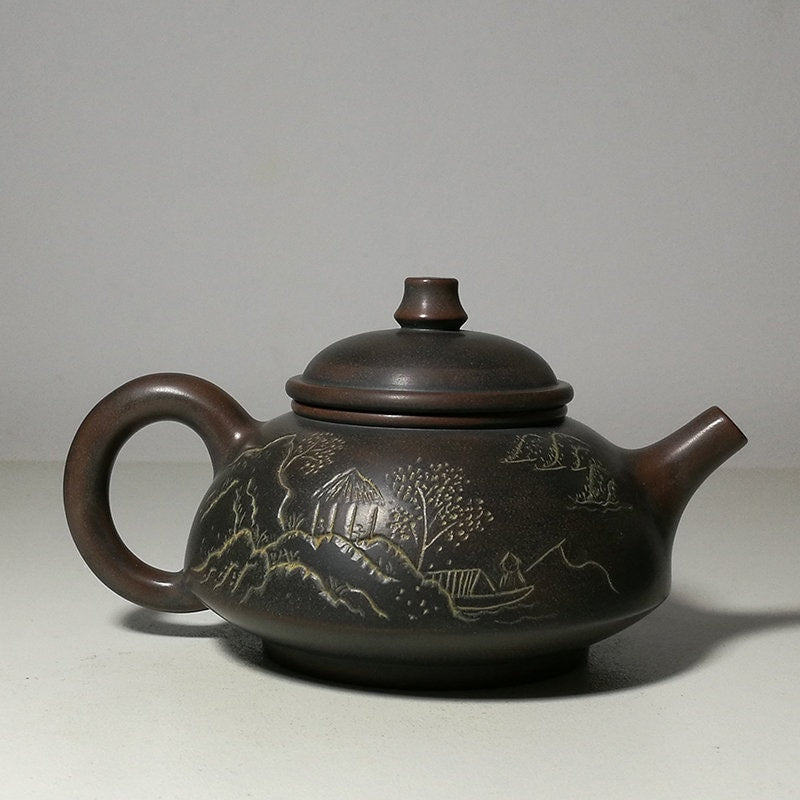 Chinese Nixing Clay Teapots with Landscape Carved for Brewing Kongfu Tea 200cc