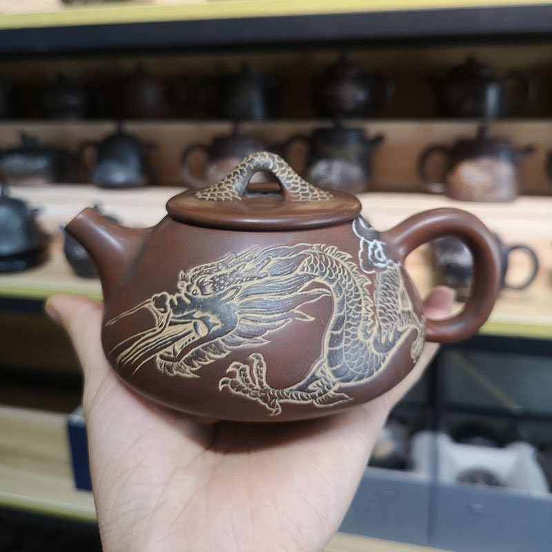 Hand Carving Dragon Teapot Nixing Pottery Shipiao Teapot carved with Chinese Dragon 250cc