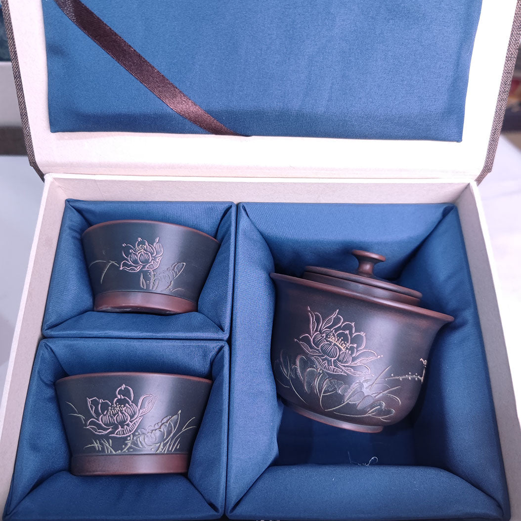 180-200ml Elegant Gaiwan Set Easy Using Tea Set Nixing Pottery Lotus Hand Carving Pot