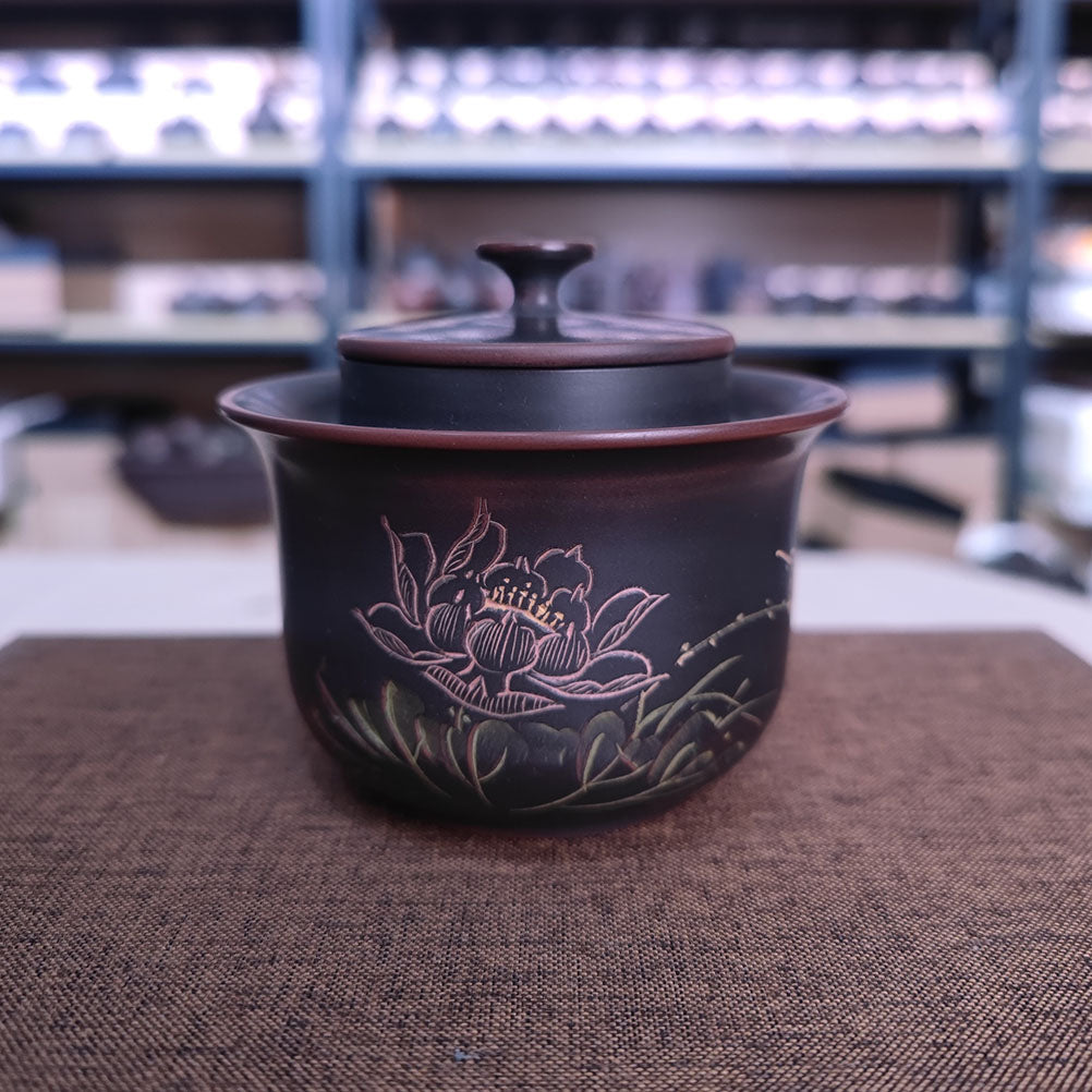 180-200ml Elegant Gaiwan Set Easy Using Pot Nixing Pottery Lotus Hand Carving